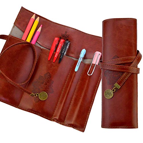 Miayon Twilight Retro Bandage Synthetic Leather Pen Bag Pencil Case Makeup Pouch,Vintage Style Rollup Pencil Case, Pencil Bag(Dark Brown)