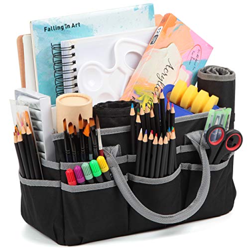 Jjring Craft and Art Organizer Tote Bag - 600D Silver Nylon Fabric Art Caddy with Pockets - for Art, Craft, Sewing, Medical, and Office Supplies Storage