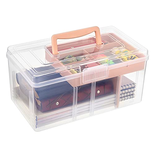 BTSKY 2 Layer Clear Plastic Dividing Storage Box with Removable Tray Multipurpose Stationery Storage Box with Handle Portable Sewing Box Art Craft Supply Organizer Home Utility Box (Big Pink)