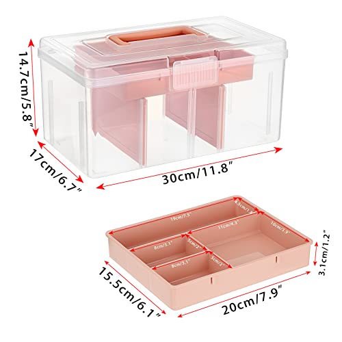 BTSKY 2 Layer Clear Plastic Dividing Storage Box with Removable Tray Multipurpose Stationery Storage Box with Handle Portable Sewing Box Art Craft Supply Organizer Home Utility Box (Big Pink)