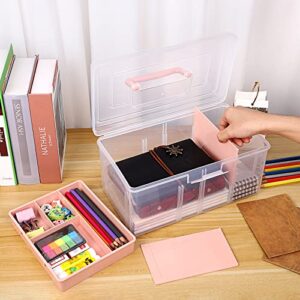 BTSKY 2 Layer Clear Plastic Dividing Storage Box with Removable Tray Multipurpose Stationery Storage Box with Handle Portable Sewing Box Art Craft Supply Organizer Home Utility Box (Big Pink)