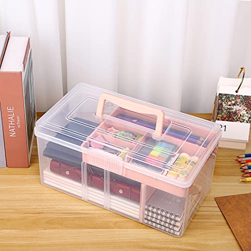 BTSKY 2 Layer Clear Plastic Dividing Storage Box with Removable Tray Multipurpose Stationery Storage Box with Handle Portable Sewing Box Art Craft Supply Organizer Home Utility Box (Big Pink)