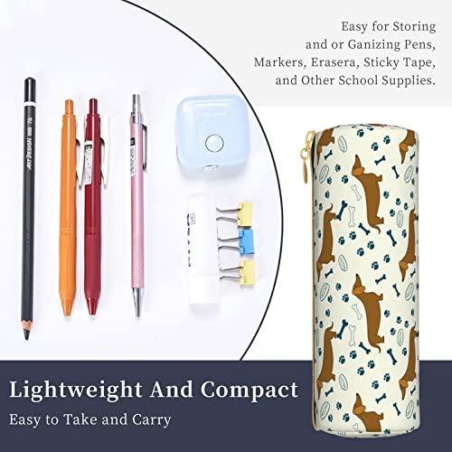 AieeFun Dachshund Dog With Bones Cylinder Pencil Case Holder Zipper Pen Bag Pouch Students Stationery Cosmetic Bag