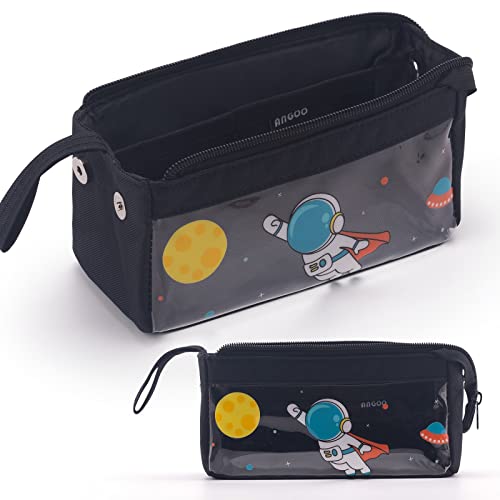 ANGOOBABY Cute Clear Pencil Case Portable Cosmetic Bag with Handle Durable Pen Pouch for Girl Boy Teen School - Black Astronaut