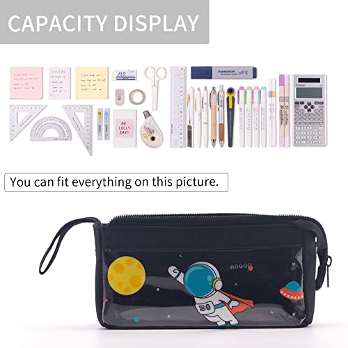 ANGOOBABY Cute Clear Pencil Case Portable Cosmetic Bag with Handle Durable Pen Pouch for Girl Boy Teen School - Black Astronaut