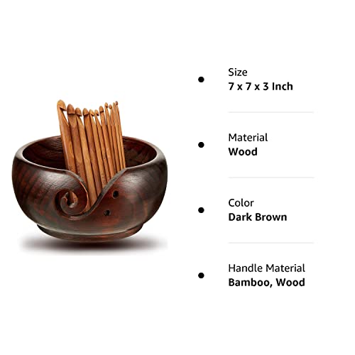 Wooden Yarn Bowl Crocheting Bowl Round Knitting Wool Storage Yarn Bowl Handmade with Holes 12 Pieces Crochet Hooks for Crocheting Knitting DIY Crafts Tools (Dark Brown,7 x 7 x 3 Inch)