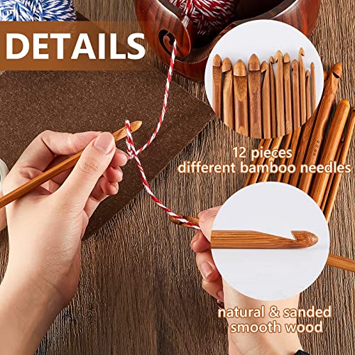 Wooden Yarn Bowl Crocheting Bowl Round Knitting Wool Storage Yarn Bowl Handmade with Holes 12 Pieces Crochet Hooks for Crocheting Knitting DIY Crafts Tools (Dark Brown,7 x 7 x 3 Inch)