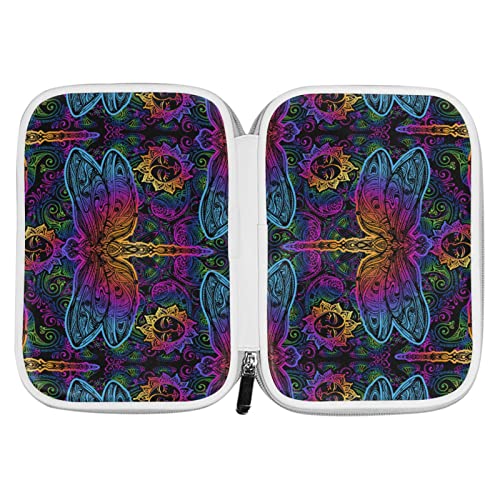 Indian Mandala Dragonfly Sun Flower Blue Pink Gradient on Black Pencil Bag Case Zipper Pencil Holder Organizer Stationary Pen Bag Cosmetic Makeup Bag Pouch Purse for School Office Supplies