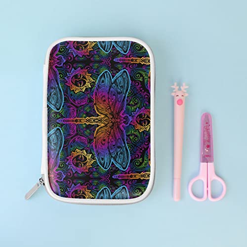 Indian Mandala Dragonfly Sun Flower Blue Pink Gradient on Black Pencil Bag Case Zipper Pencil Holder Organizer Stationary Pen Bag Cosmetic Makeup Bag Pouch Purse for School Office Supplies