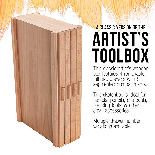 U.S. Art Supply 4 Drawer Wood Artist Supply Storage Box - Pastels, Pencils, Pens, Markers, Brushes