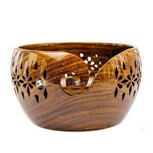 rosewood crafted wooden yarn storage bowl with carved holes & drills | knitting crochet accessories | srk international | small – 6 x 3, brown (sb – 201)