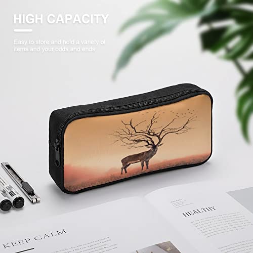 Dry Tree Like Red Deer Stag Pencil Case Pencil Pouch Coin Pouch Cosmetic Bag Office Stationery Organizer