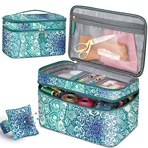 FINPAC Sewing Accessories Storage and Organizer Case, Double-Layer Sewing Kits Carrying Bag with Wrist Pin Cushion for Threads, Needles, Embroidery Floss Supplies, Felting Kits (Emerald Illusions)