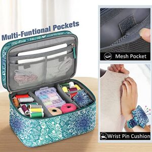 FINPAC Sewing Accessories Storage and Organizer Case, Double-Layer Sewing Kits Carrying Bag with Wrist Pin Cushion for Threads, Needles, Embroidery Floss Supplies, Felting Kits (Emerald Illusions)