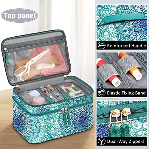FINPAC Sewing Accessories Storage and Organizer Case, Double-Layer Sewing Kits Carrying Bag with Wrist Pin Cushion for Threads, Needles, Embroidery Floss Supplies, Felting Kits (Emerald Illusions)