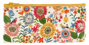 blue q pencil case, flower field. hefty zipper, sturdy and easy-to-rinse-clean, 95% recycled material. organize a larger bag — store makeup, chargers, receipts, pencils. measures 4.25″h x 8.5″w