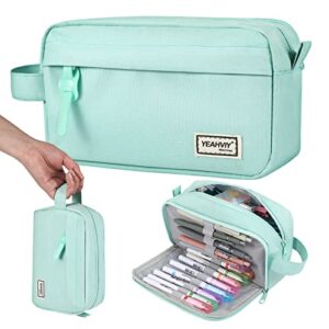 yeahviy large capacity pencil pen case, cute pencil pouch cases, portable & durable pencil bag box organizer with easy grip handle & loop, aesthetic supply for girls adults, mint green