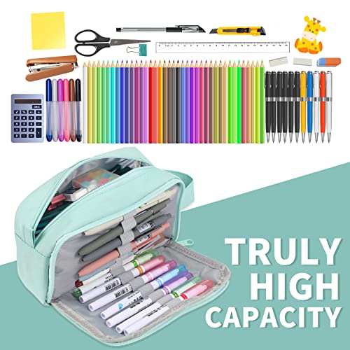 YEAHVIY Large Capacity Pencil Pen Case, Cute Pencil Pouch Cases, Portable & Durable Pencil Bag Box Organizer with Easy Grip Handle & Loop, Aesthetic Supply for Girls Adults, Mint Green