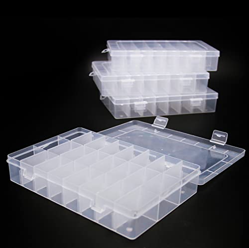 4PCS Clear White Plastic Organizer Box with Dividers 24 Grid Storage Containers Jewelry Storage Box with Dividers for Beads Earrings Necklaces Rings Metal Parts Accessories Screws Button Storage