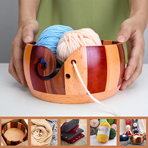 Large Yarn Bowl for Knitting, Wooden Yarn Storage Bowl, Handmade Rosewood with Holes, Knitting Wool Stroage Bowl