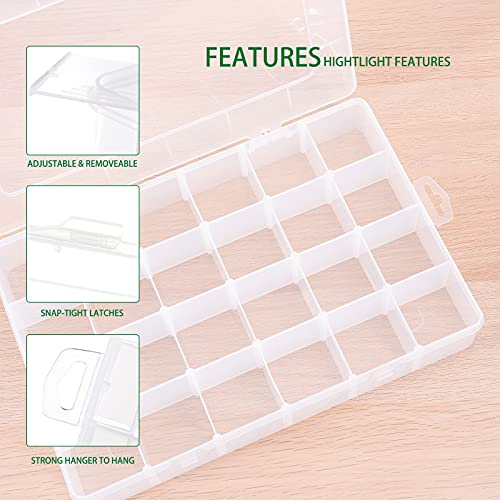 BUG HULL 24 Grids Clear Plastic Organizer Box, Craft Storage Container Jewelry Box with Adjustable Dividers for Beads Art DIY Crafts Jewelry Fishing Tackles Metal Parts Accessories Screws Button