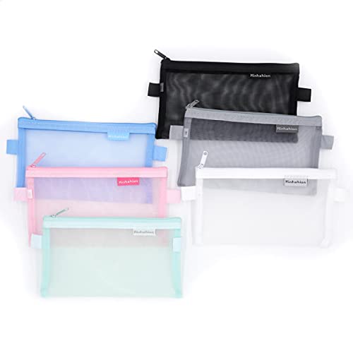 Kinhshion Zipper Pouch Set of 6 Mesh Zipper Bags Clear Zipper Pouch Small Organizer Bag Zipper Folder Bag Cosmetic Bags Travel Storage Bags 6 Colours