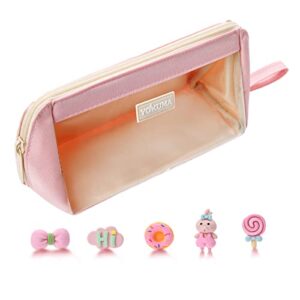 yokuma clear aesthetic pencil case pouch cute kawaii mark pen case organizer transparent colored large capacity makeup bag for girls teen college students adults, back to school supplies (pink)
