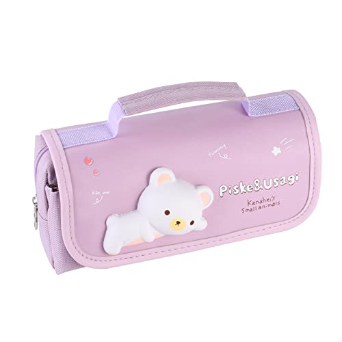 Tergopa Cute Pencil Case Large Pencil Pouch with Handle and Stress Relief Doll for Girls Kids Portable Big Kawaii Pencil Case Organizer for School Purple