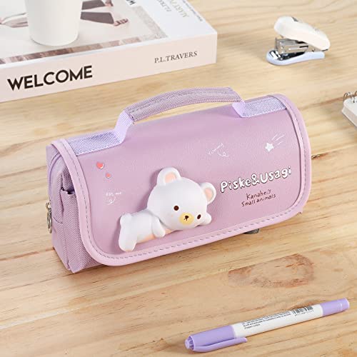 Tergopa Cute Pencil Case Large Pencil Pouch with Handle and Stress Relief Doll for Girls Kids Portable Big Kawaii Pencil Case Organizer for School Purple