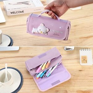 Tergopa Cute Pencil Case Large Pencil Pouch with Handle and Stress Relief Doll for Girls Kids Portable Big Kawaii Pencil Case Organizer for School Purple