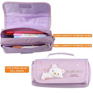 Tergopa Cute Pencil Case Large Pencil Pouch with Handle and Stress Relief Doll for Girls Kids Portable Big Kawaii Pencil Case Organizer for School Purple