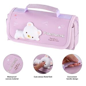 Tergopa Cute Pencil Case Large Pencil Pouch with Handle and Stress Relief Doll for Girls Kids Portable Big Kawaii Pencil Case Organizer for School Purple
