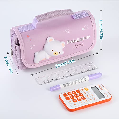 Tergopa Cute Pencil Case Large Pencil Pouch with Handle and Stress Relief Doll for Girls Kids Portable Big Kawaii Pencil Case Organizer for School Purple