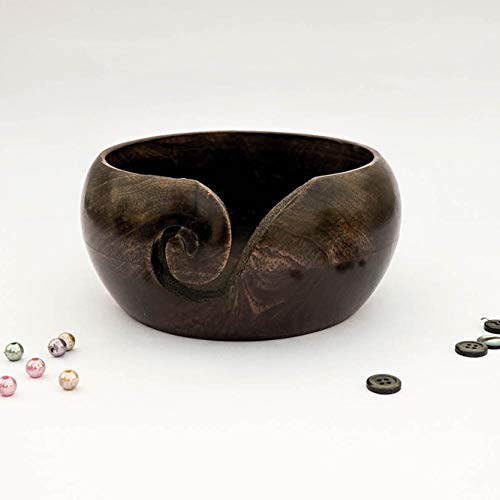 NIRMAN Wooden Yarn Bowl Hand Made by Indian Artisans with Premium Mango Wood for Knitting and Crochet (6" x 6" x 3'')