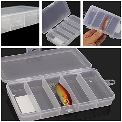 4 Pack 5 Grid Clear Plastic Fishing Tackle Bait Hooks Storage Box Plastic Utility Organizer Box 5 Compartment Plastic Storage Box Bead Jewelry Container Case, 7 x 3.7 x 1.2"