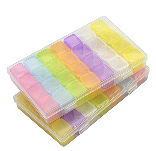 2 Pack 28 Grids Colorful 5D Diamond Painting Embroidery Box, Accessories Storage Containers Adjustable Bead Case with 196 Pcs Label Stickers (28 Grids-2pack Colorful)