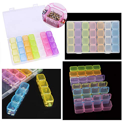 2 Pack 28 Grids Colorful 5D Diamond Painting Embroidery Box, Accessories Storage Containers Adjustable Bead Case with 196 Pcs Label Stickers (28 Grids-2pack Colorful)