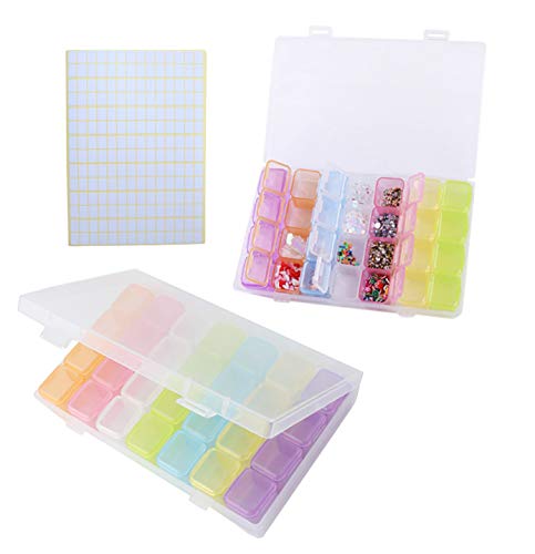 2 Pack 28 Grids Colorful 5D Diamond Painting Embroidery Box, Accessories Storage Containers Adjustable Bead Case with 196 Pcs Label Stickers (28 Grids-2pack Colorful)