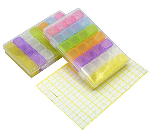 2 Pack 28 Grids Colorful 5D Diamond Painting Embroidery Box, Accessories Storage Containers Adjustable Bead Case with 196 Pcs Label Stickers (28 Grids-2pack Colorful)