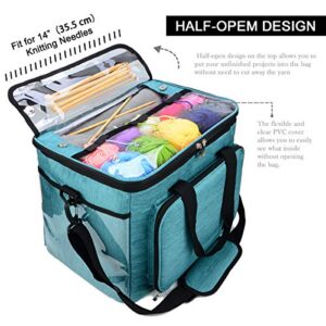 Hoshin Knitting Bag for Yarn Storage, High Capacity Yarn Totes Organizer with Inner Divider Portable for Carrying Project, Knitting Needles(up to 14”), Crochet Hooks, Skeins of Yarn (Green)