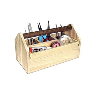 ikee design small natural wood color wooden craft tool box caddy with a handle for storage tool, makeup, collections with 5 compartments for storage and organizing, 10″w x 5.1″d x 3.5″h