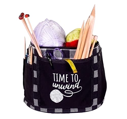 Steel Mill & Co Yarn Tote, Stylish Knitting Bag, Large Capacity Organizer for Knitting & Crochet Supplies, Craft Tote with Yarn Divider and Pockets for Hooks & Needles, Black Gingham