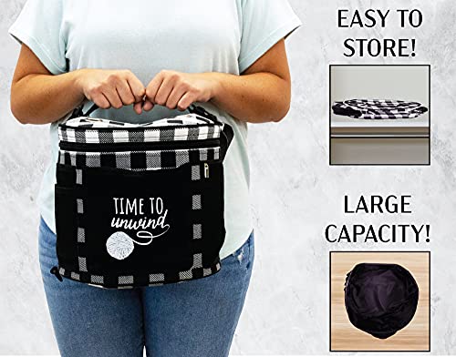 Steel Mill & Co Yarn Tote, Stylish Knitting Bag, Large Capacity Organizer for Knitting & Crochet Supplies, Craft Tote with Yarn Divider and Pockets for Hooks & Needles, Black Gingham