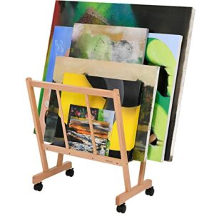 MEEDEN Wood Large Print Rack with Castors, Artist Storage and Display Rack, Premium Drying Rack, Storage for Canvas, Prints, Panels, Posters, Holds Artworks Up to 47", Natural