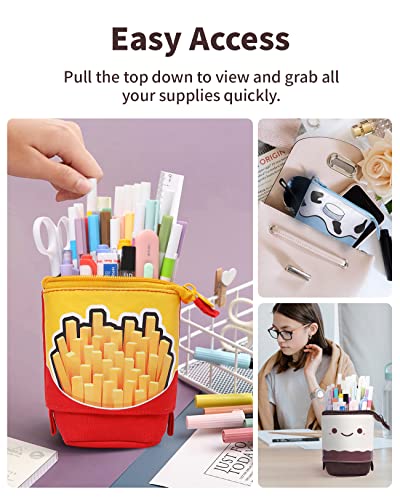 Sooez Standing Pencil Case, Cute French Fries Pop Up Pencil Case, Durable Pen Pouch, Telescopic Pencil Holder, Kawaii Stand Up Pencil Case, Spacious Pencil Pouch Portable Pencil Bag for School Office