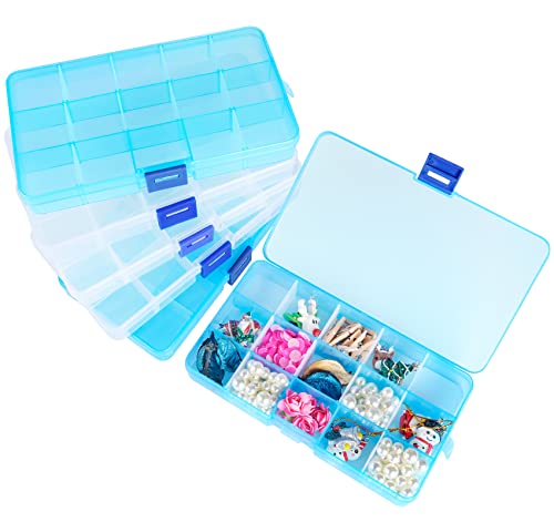 6 Pack Plastic Bead Organizer Storage Box with Compartments Containers with Adjustable Dividers Clear Storage Box for Earring Jewelry Beads Fishing Sewing Craft Supplies, 15 Grids