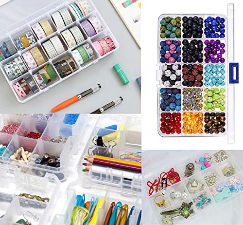 6 Pack Plastic Bead Organizer Storage Box with Compartments Containers with Adjustable Dividers Clear Storage Box for Earring Jewelry Beads Fishing Sewing Craft Supplies, 15 Grids