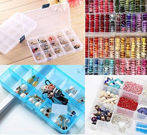 6 Pack Plastic Bead Organizer Storage Box with Compartments Containers with Adjustable Dividers Clear Storage Box for Earring Jewelry Beads Fishing Sewing Craft Supplies, 15 Grids