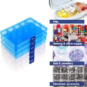 6 Pack Plastic Bead Organizer Storage Box with Compartments Containers with Adjustable Dividers Clear Storage Box for Earring Jewelry Beads Fishing Sewing Craft Supplies, 15 Grids