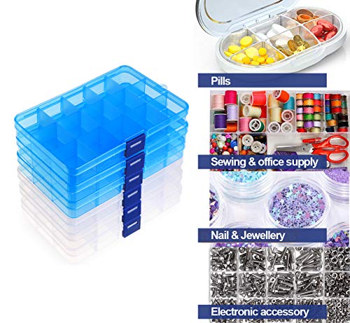 6 Pack Plastic Bead Organizer Storage Box with Compartments Containers with Adjustable Dividers Clear Storage Box for Earring Jewelry Beads Fishing Sewing Craft Supplies, 15 Grids